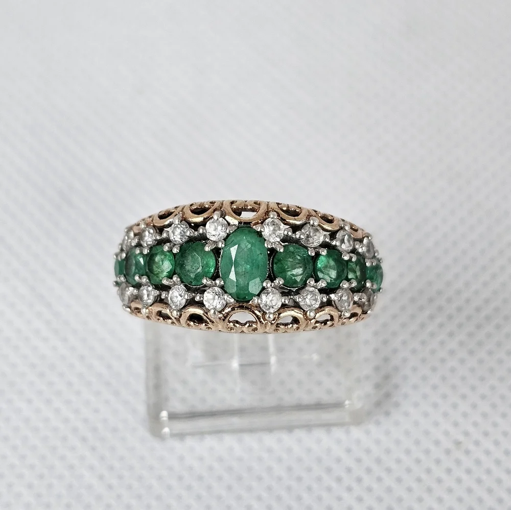 Gems en Vogue Grizzly Emerald & Zircon Palladium Sterling Silver 18k Ring Sz 8! - Picture 6 of 13